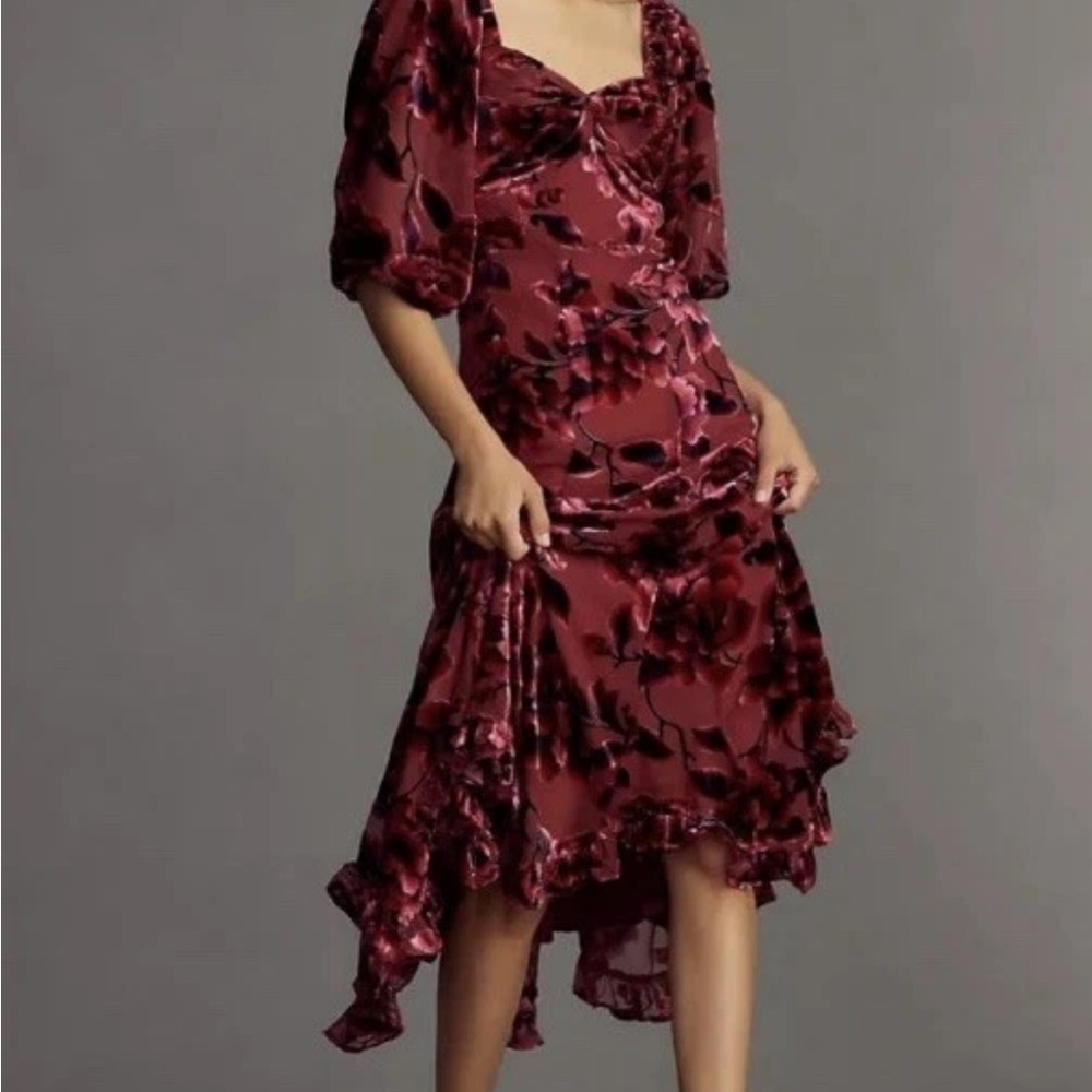 Anthropologie Burgundy Floral Midi Dress